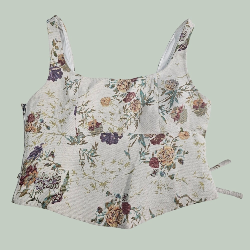 Cider Floral Tapestry Corset Top Beige Square Neck Tie Back Size L